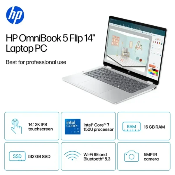 HP Omnibook 5 Flip 14‑FP0023DX X360 — convertible laptop in Glacier Silver